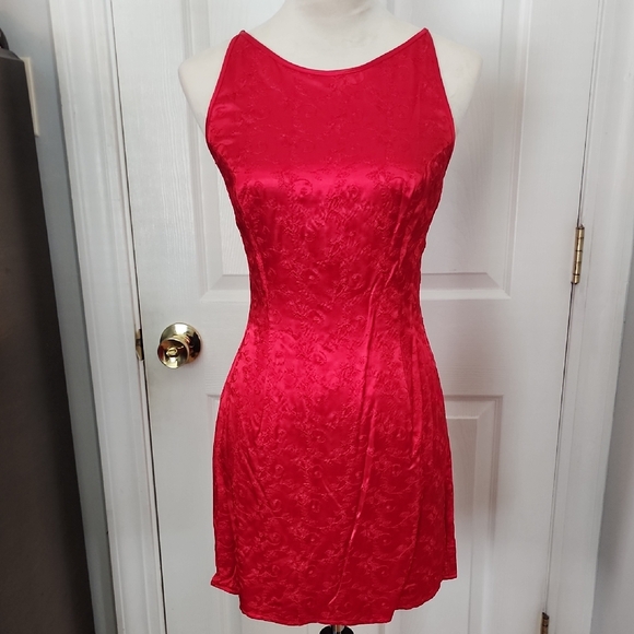 Jessica McClintock Dresses & Skirts - Vintage Jessica McClintock Red Satin Jacquard Dress